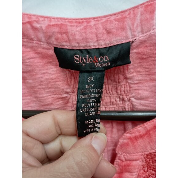 Style & Co Top Womens Size 2X Pink Embroidered Floral BOHO Peasant V-Neck - Picture 4 of 10